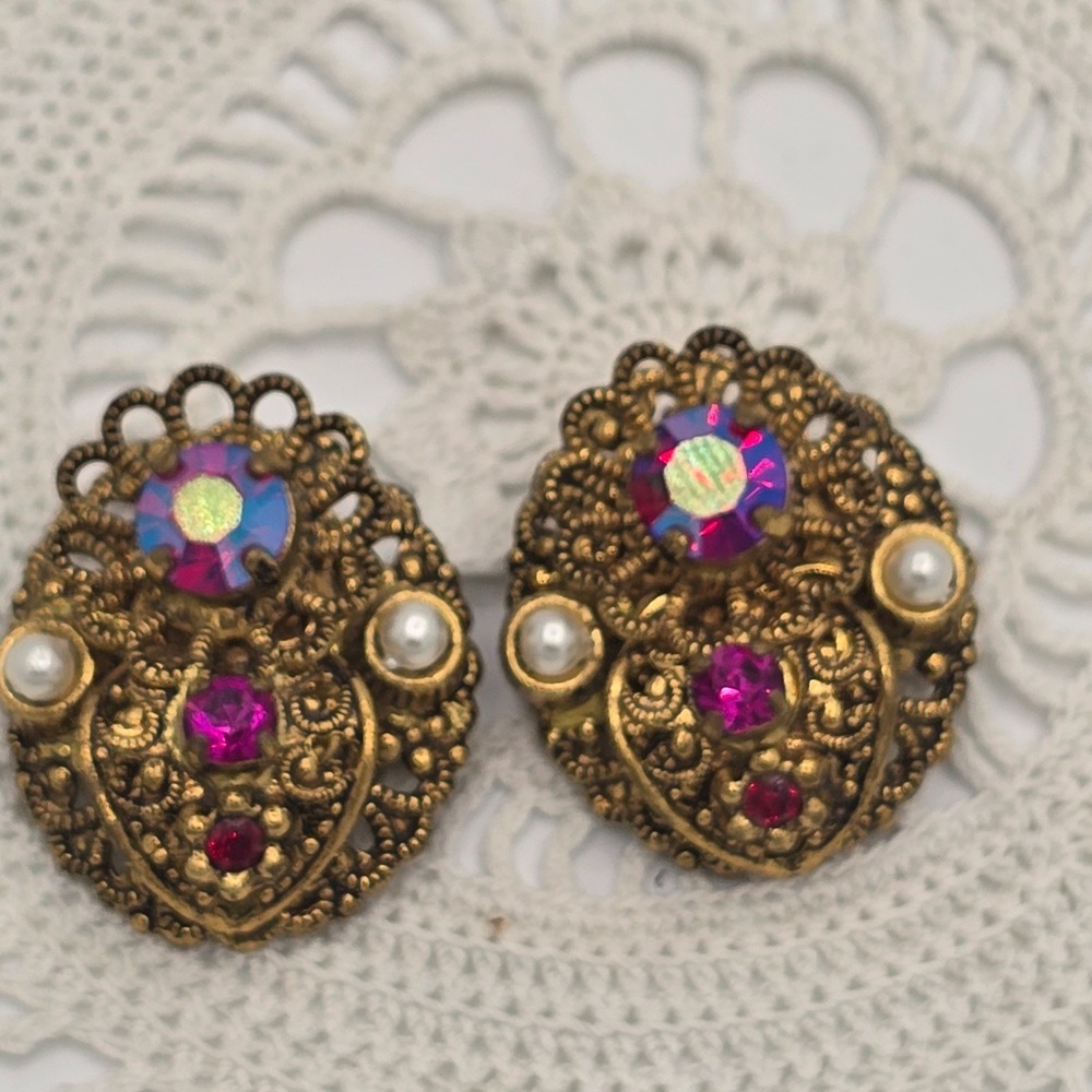 Vintage West Germany Clip On Earrings Pink AB Faux Pearl Goldtone Filigree